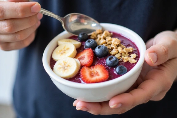 A person enjoying a healthy smoothie bowl topped with fresh fruits and nuts.